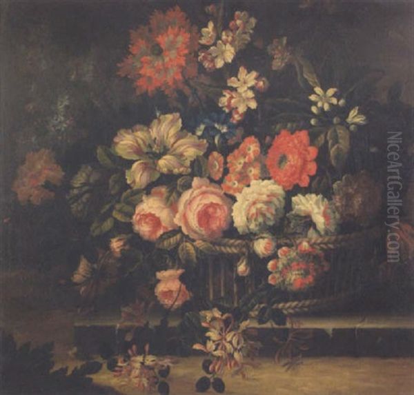 A Still Life Of Assorted Flowers In A Wicker Basket - view 1