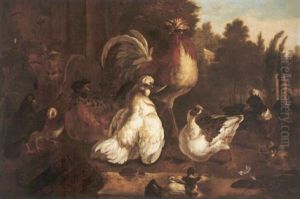 A Wooded Landscape With Bantams, Duck And Pigeon Watering A Pool In The Grounds Of A Villa by Pieter Casteels III