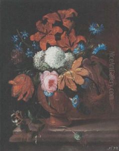 A Still Life With Roses, Tulips, Lilies And Other Flowers, All In A Terracotta Vase On A Stone Ledge by Pieter Casteels III