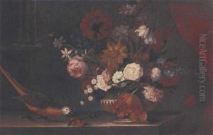 Roses, Tulips, Lilies And Other Flowers, In A Strone Urn, With A Parrot On A Ledge by Pieter Casteels III