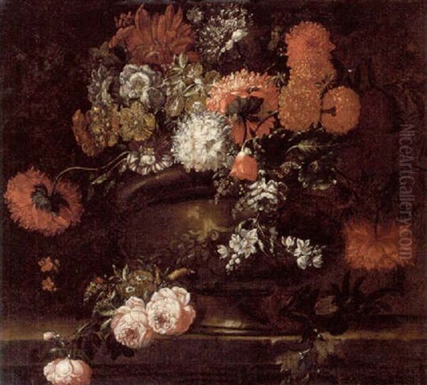 Carnations And Other Flowers In An Urn, With Roses On A Stone Ledge - view 1