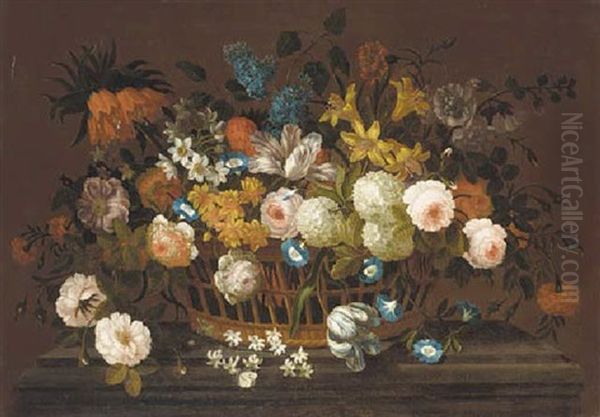 Lillies, Tulips, Roses, Hydrangea, Lilac, Chrysanthemums, And Other Flowers In A Basket On A Marble Plinth - view 1
