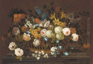 Lillies, Tulips, Roses, Hydrangea, Lilac, Chrysanthemums, And Other Flowers In A Basket On A Marble Plinth Lillies, Tulips, Roses, Hydrangea, Lilac, Chrysanthemums, And Other Flowers In A Basket On A Marble Plinth