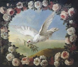 An Allegory Of The Flood; The Sacred Dove With An Olive Branch, The Ark Beyond, Surrounded By A Garland Of Roses by Pieter Casteels III