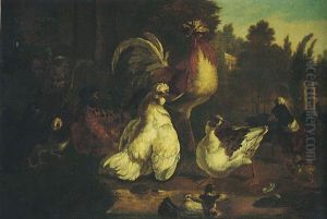 A Wooded Landscape With Bantams, Duck And Pigeon Watering At A Pool In The Grounds Of A Villa by Pieter Casteels III
