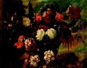 A Parrot By An Urn Of Flowers, And Fruit On A Ledge