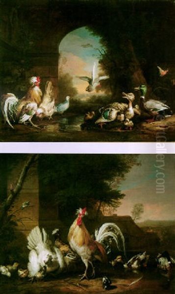 Bantams, Mallard, Pigeon And A Kingfisher In Classical Setting, Wooded Landscape Beyond - view 1