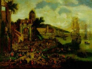 A View Of A Mediterrenean Harbour With Figures In A Square And Fishermen Unloading Their Catch, Sailing Vessels And Other Boat Nearby