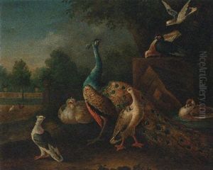 A Peacock, Ducks And Pigeons By A Pond, An Ornamental Lake Beyond by Pieter Casteels III