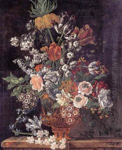 Still Life Of Tulips, Peonies, Iris, And Other Flowers In A Vase, Resting On A Stone Ledge by Pieter Casteels III
