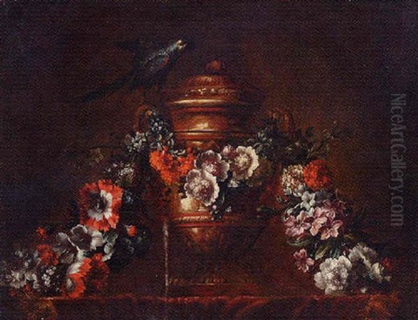 A Bronze Vase With A String Of Flowers And A Parrot - view 1
