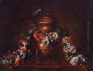 A Bronze Vase With A String Of Flowers And A Parrot by Pieter Casteels III