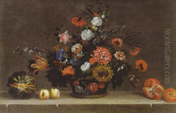 Corbeille De Fleurs: Tulipes Et Pivoines, Avec Melon, Peches, Grenades Voisinant Sur Un Entablement - view 1