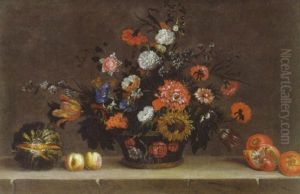 Corbeille De Fleurs: Tulipes Et Pivoines, Avec Melon, Peches, Grenades Voisinant Sur Un Entablement