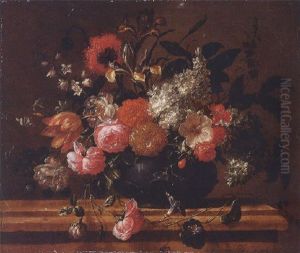Roses, Tulips, Irises, Lilacs, A Poppy And Other Flowers In A Sculpted Vase On A Stone Ledge