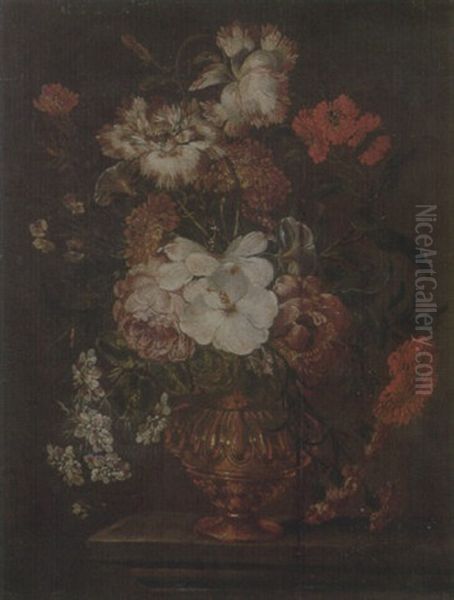 Still Life Of Roses, Carnations, Daisies And Other Flowers In A Gilt Vase Upon A Stone Ledge - view 1