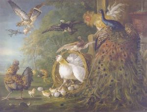 A Peacock, Cockerel, Hen With Her Chicks, A Kestrel With Its Prey And Other Birds, By A Bas-relief Sculpture, Landscape Beyond