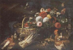 Panier De Fleurs Et De Fruits, Botte D'asperges Et Volatiles