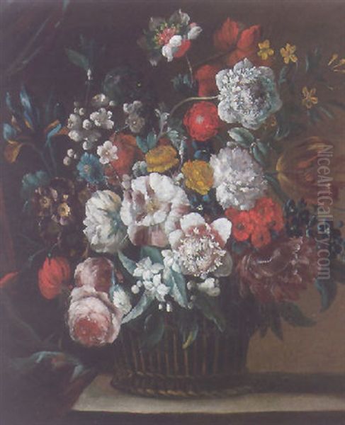 Still Life Of Roses, Carnations, Irises And Other Flowers In A Wicker Basket Upon A Partly-draped Stone Ledge - view 1