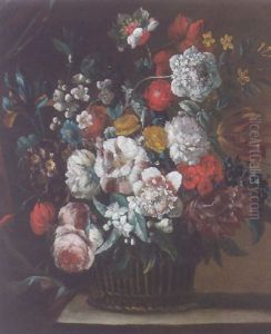Still Life Of Roses, Carnations, Irises And Other Flowers In A Wicker Basket Upon A Partly-draped Stone Ledge