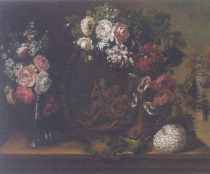 Still Life Of Roses, Carnations, Delphiniums And Other Flowers Surrounding A Terracotta Sculpture Of Hercules And Omphale