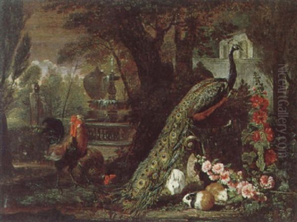 Ein Pfau Mit Huhnern Und Meerschweinchen In Einem Schlospark - view 1