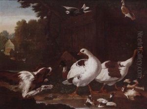 Spaniels Startling Geese And Ducks In A Farmyard by Pieter Casteels III