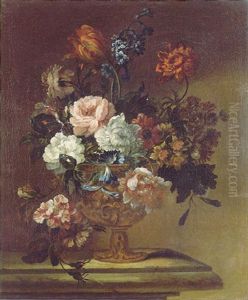 A Still Life Of Roses, Hyacinths, Convolvulus, Narcissi, Tulips And Other Flowers In A Sculpted Bronze Vase On A Ledge