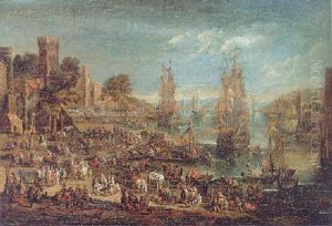 A Capriccio Of A Mediterranean Harbour Scene With Numerous Figures On The Quayside, Merchant And Other Vessels In An Estuary