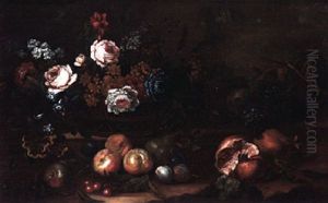 A Still Life Of Various Flowers In A Wicker Basket, Pomegranates, Apples, Pears, Cherries, Plums, Grapes, And A Melon