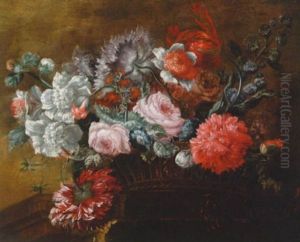 A Basket Of Flowers On A Pedestal A Basket Of Flowers On A Pedestal
