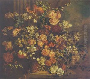 Still Life Of Flowers In A Basket On A Stone Ledge In A Landscape