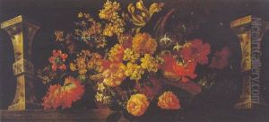 Still Life Of A Basket Of Flowers On A Ledge Between Baluster Vases