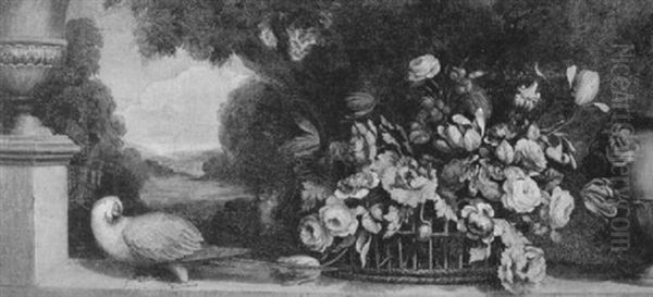 A Parrot Perched By A Basket Of Flowers On A Ledge Between Two Urns - view 1