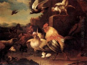 A Cockerell, A Hen And Chickens Surprised By An Eagle, In A Landscape
