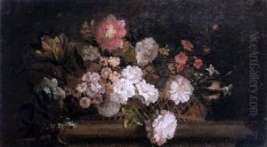 Still Life Of Roses, A Tulip, Forget-me-nots, Jasmine And Other Flowers In A Basket, Resting On A Stone Ledge