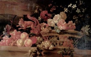 A Still Life Of A Basket Of Flowers, Beside Which A Red Squirrel Leaps Over Peaches And Grapes Resting On A Stone Ledge by Pieter Casteels III