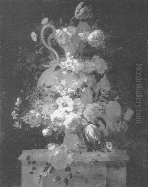 Nature Morte Au Bouquet De Fleurs Ornant Une Urne De Pierre - view 1