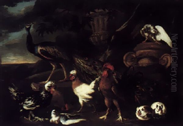 A Peacock, Cockerel, Hens, Guinea Pigs, And Pigeons In A Landscape - view 1
