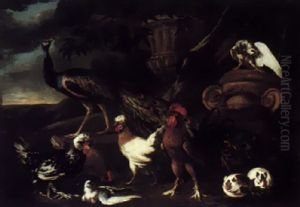 A Peacock, Cockerel, Hens, Guinea Pigs, And Pigeons In A Landscape by Pieter Casteels III