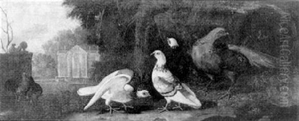 Pigeons, Pheasant And Exotic Fowl In The Grounds Of A Classical House - view 1