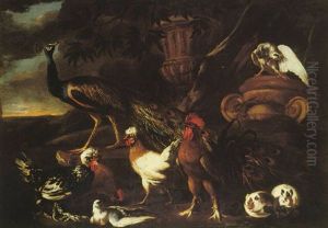 A Peacock Cockerel, Hens, Guinea, Pigs And Pigeons In A Landscape by Pieter Casteels III