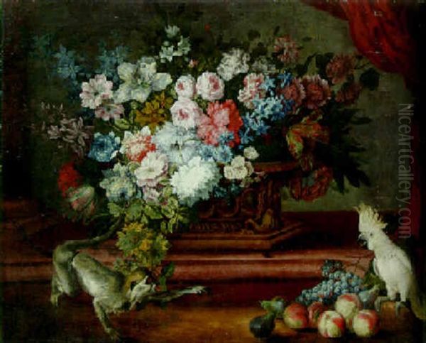 Tulips, Roses, Carnations And Other Flowers In An Urn On A Ledge, With A Monkey, Fruit And Cockatoo - view 1