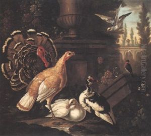 Exotic Fowl In A Landscape With Classical Buildings Beyond