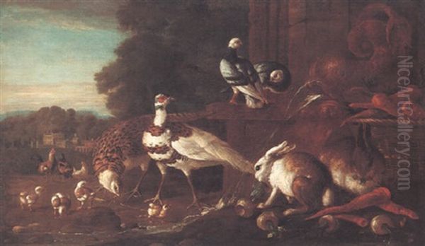 Farmyard Animals Feeding Beside A Fountain In The Shape Of A Fish - view 1
