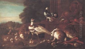 Farmyard Animals Feeding Beside A Fountain In The Shape Of A Fish by Pieter Casteels III