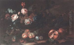 Still Life Of Flowers In A Basket On A Ledge by Pieter Casteels III