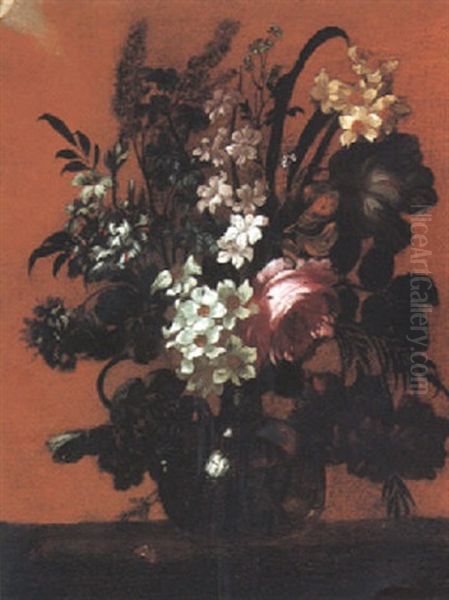 Still Life Of Roses, Daffodils, And Other Flowers In A Glass Vase - view 1