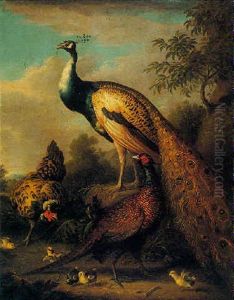 A Peacock, Hen And Cock Pheasant In A Landscape by Pieter Casteels III