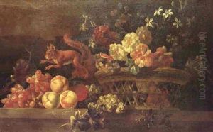 Still Life Of Basket Of Flowers, Beside A Squirrel Leaping Over Fruit On A Stone Ledge by Pieter Casteels III